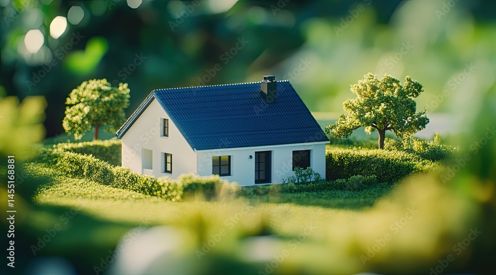 Miniature house nestled in a grassy hill, surrounded by trees and greenery. Sunlight illuminates the scene Miniature house nestled in a grassy hill, surrounded by trees and greenery. Sunlight illuminates the scene