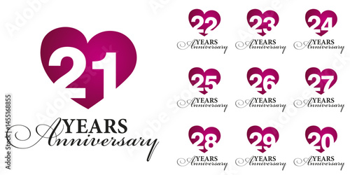 Set of Anniversary years from 20 to 29. Vector creative design emblems with negative space numbers love red color heart for celebration event, invitation, greeting