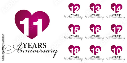 Set of Anniversary years from 10 to 19. Vector creative design emblems with negative space numbers love red color heart for celebration event, invitation, greeting