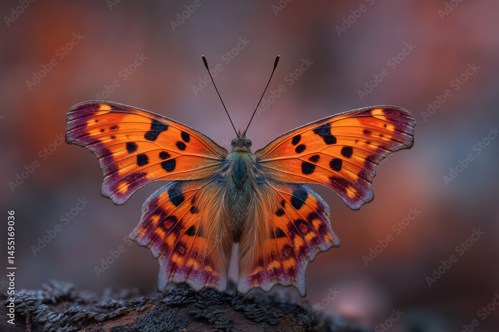 Obraz premium Orange and black butterfly with purple-tinted wings perched on textured surface