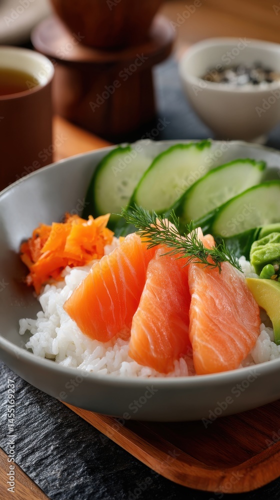 Vibrant Salmon Rice Bowl with Cucumber, Avocado and Carrot Strips Garnished with Dill Sprig Vibrant Salmon Rice Bowl with Cucumber, Avocado and Carrot Strips Garnished with Dill Sprig