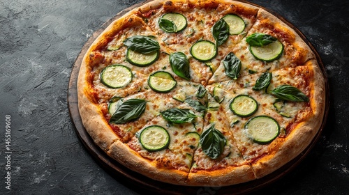 Fresh homemade pizza with sliced cucumbers and fresh basil leaves on a rustic dark background, close-up view of cheese topping and vibrant green garnishes