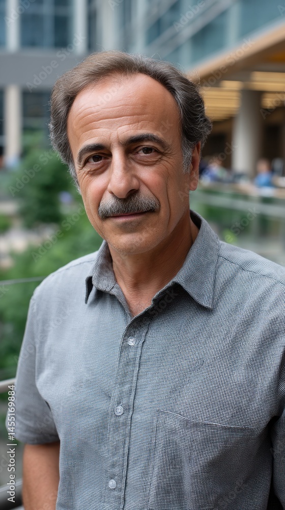 Portrait of a mature adult man with mustache in a gray button-down shirt looking directly at the camera outdoors near an urban setting Portrait of a mature adult man with mustache in a gray button-down shirt looking directly at the camera outdoors near an urban setting