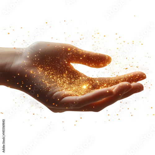 Stock photo of hand holding glitter gold dust magic sparkle light effect on transparent background