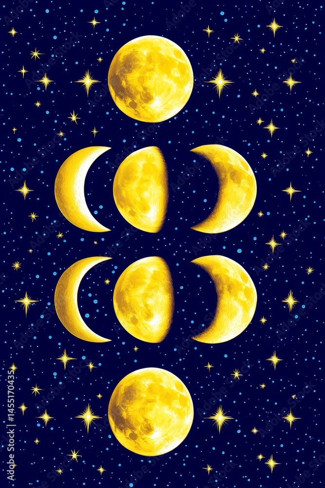 Naklejka premium Phases of the moon with starry night sky in celestial display