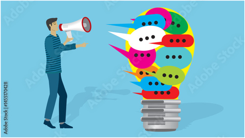 Man with megaphone shouting out a lot of messages. Dimension 16:9. Vector illustration.