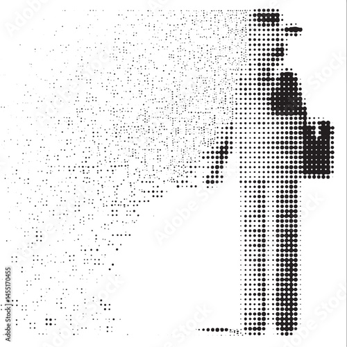 A silhouetted figure stands beneath a spreading dotted umbrella in a soft-toned landscape.