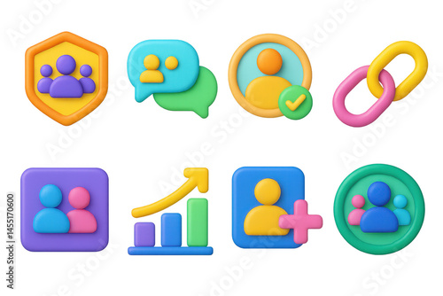 3D icon set of wellness network features: user community badge, connection bubble, trainer match icon, shared goal link, peer support card, network growth tracker, invite friend icon