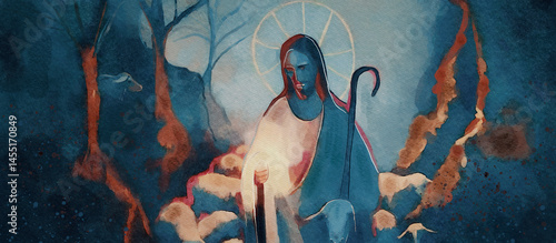 Obraz na płótnie Jesus the Good Shepherd Watches Over His Flock with Compassion, watercolor