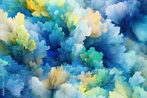 Abstract floral explosion of vibrant blues, yellows, and greens.  Detailed textured,  fluffy formations blend together in a dynamic display