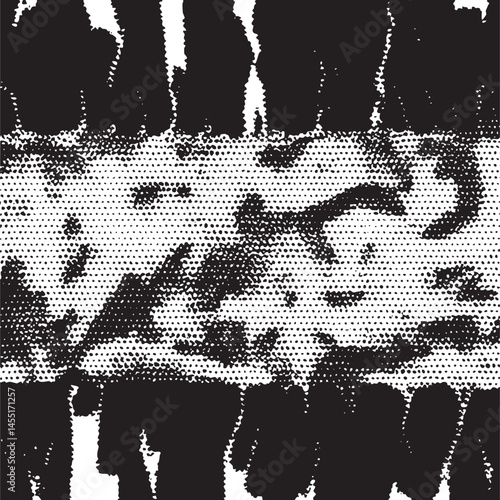 A fragmented textured black-and-white abstract dominates the frame.