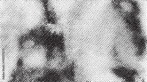 A grayscale portrait showcases a blurred face with dense dot .