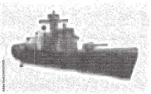 A dark silhouette of a ship floats on a plain white background.