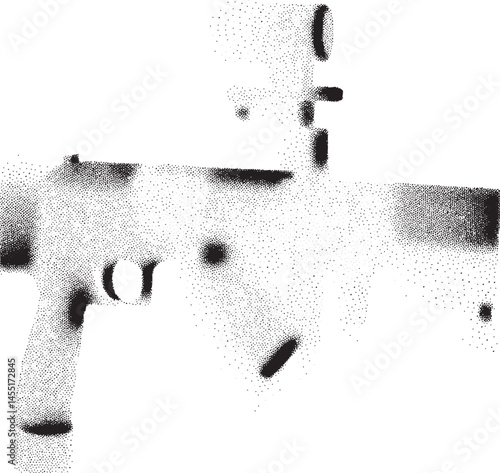 A black handgun rests on a white surface rendered in a textured dot .