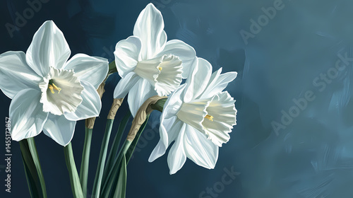 Close-up of white jonquil narcissus hybrid flowers against a soft dark blue background, botanical, narcissus, bloom. [Gilded Mechanica] | Alloy Garden | hybrid bloom. Illustration