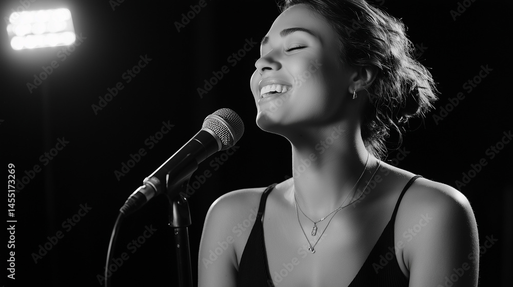 Black and white photo of female singer
Black and white photo of female singer