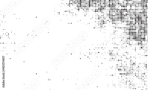 A grayscale portrait features a person with a dense repeating dot covering their face.