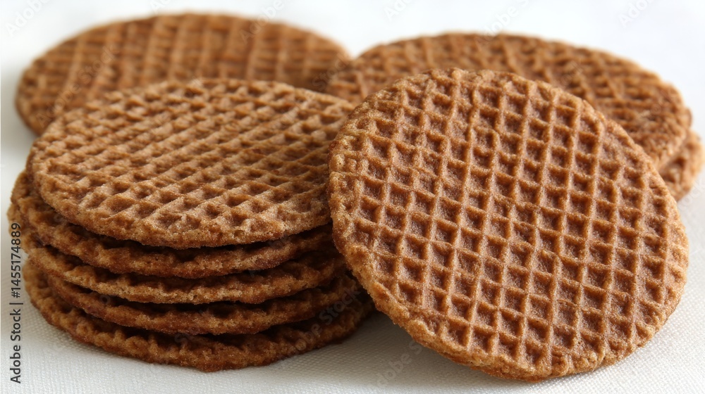 Close Up of Light Brown Crispy Stroopwafels on White Background Close Up of Light Brown Crispy Stroopwafels on White Background