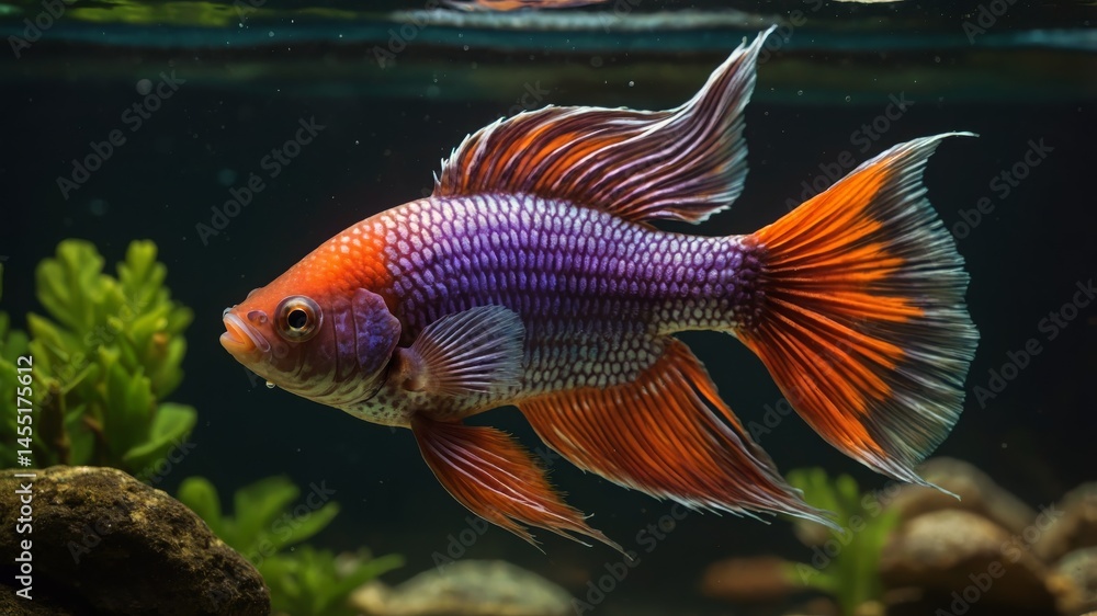 Fototapeta premium A radiant fish swims gracefully, showcasing a symphony of captivating hues underwater