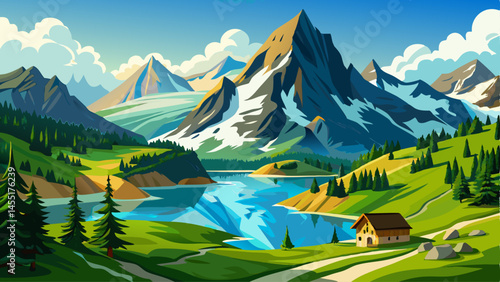 Scenic view on Bernese range above Bachalpsee lake. Popular tourist attraction. Location place Swiss alps, Grindelwald valley, Europe.