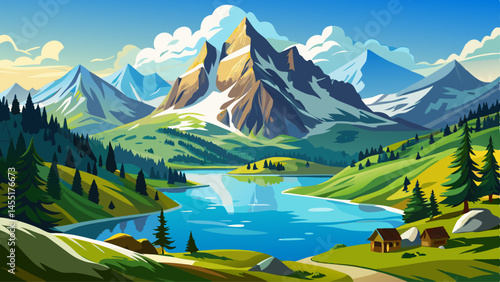 Scenic view on Bernese range above Bachalpsee lake. Popular tourist attraction. Location place Swiss alps, Grindelwald valley, Europe.
