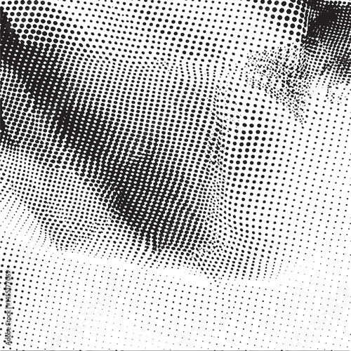 A close-up portrait displays a textured face composed of numerous small dark dots against a lighter background.