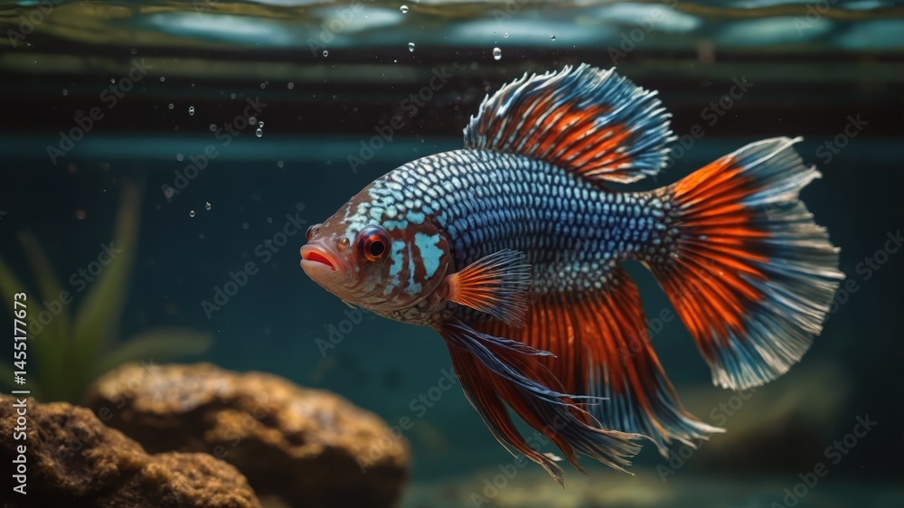 Fototapeta premium Vibrant Betta Fish Displaying Exotic Colors in an Aquascape Environment