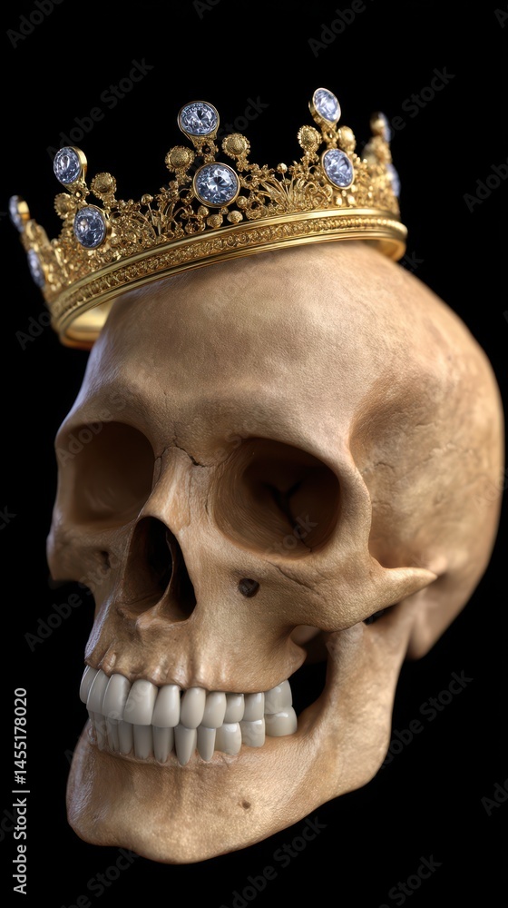 Obraz premium Ornate gold and jewel crown perched atop a human skull, concept of vanity, wealth and mortality on stark black background