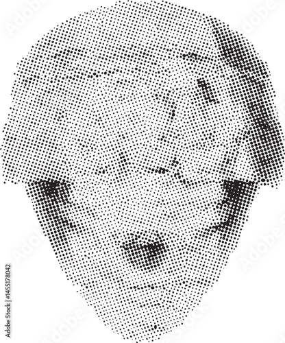 A black-and-white portrait of a youthful face rendered with countless tiny dots.
