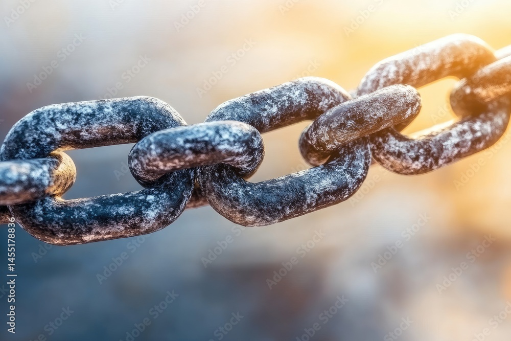 Close-up of a weathered metal chain links, bathed in soft sunlight The chain appears aged and robust, with a textured surface Close-up of a weathered metal chain links, bathed in soft sunlight The chain appears aged and robust, with a textured surface