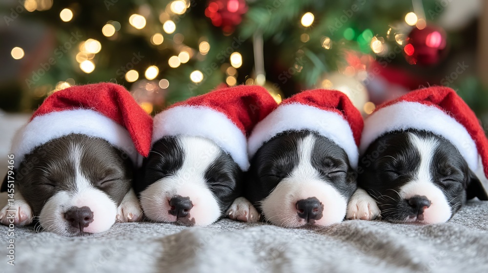 Adorable sleeping puppies wearing santa hats christmas tree background pet red joy fun dogs cute cozy Adorable sleeping puppies wearing santa hats christmas tree background pet red joy fun dogs cute cozy