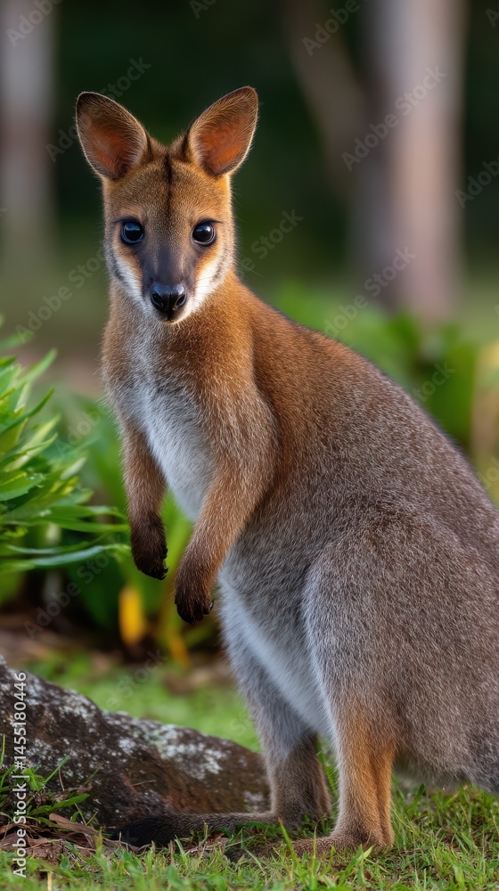 Cute wallaby standing upright in a grassy field, looking directly at the camera with attentive expression during daytime Cute wallaby standing upright in a grassy field, looking directly at the camera with attentive expression during daytime
