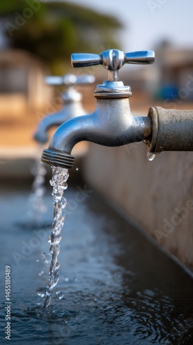 Metal water tap with flowing water stream in outdoor setting for water access or conservation concepts.