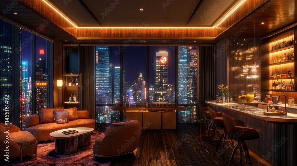 Luxurious penthouse lounge area with city views at night. Luxurious penthouse lounge area with city views at night.