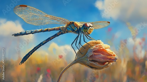 Vibrant dragonfly resting on dried flower summer nature scene sky art sun blue wings macro green photo