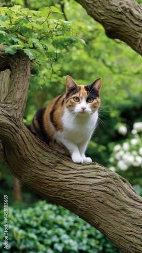 Calico cat perched on a gnarled tree branch surrounded by lush green leaves in a natural outdoor setting.