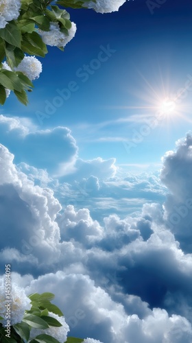 Overhead sky view with clouds and sunshine, framed by floral elements, creating a peaceful atmosphere.