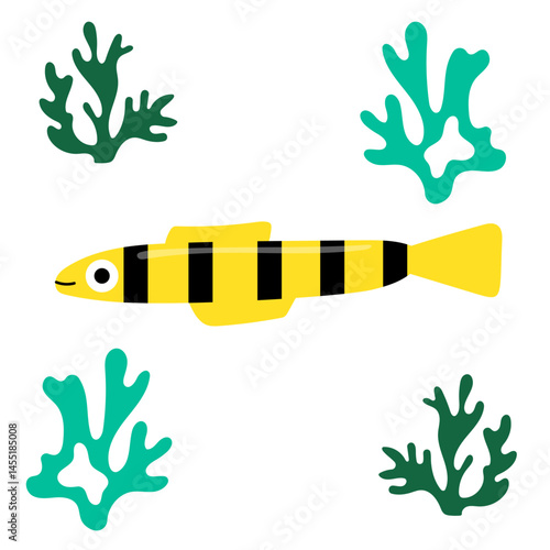 Yellow tropical fish with green corals