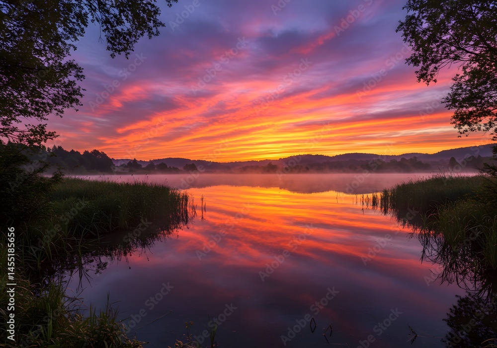 Stunning Sunrise over a Misty Lake with Vivid Sky Reflections. Stunning Sunrise over a Misty Lake with Vivid Sky Reflections.