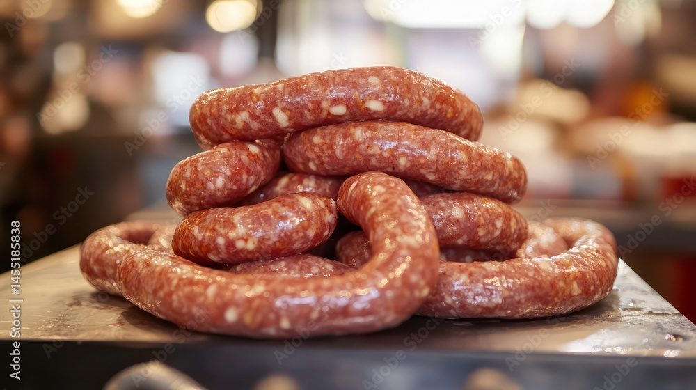 Raw sausages stacked Raw sausages stacked
