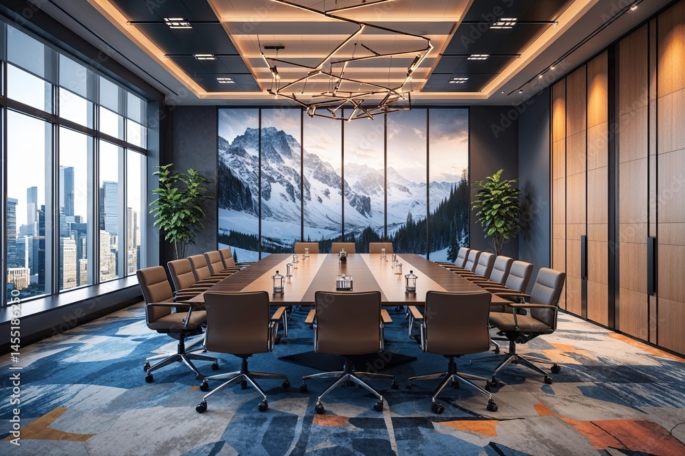 Fototapeta premium Versatile Open-Concept Corporate Conference Room with Customizable Wall Design and Expansive Layout