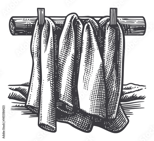 Vintage Style Illustration of Towels Hanging on a Wooden Rod