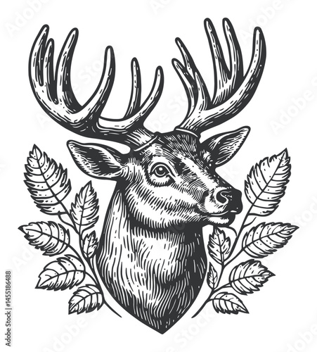 Vintage Engraved Deer Head with Antlers and Leaves Illustration Art