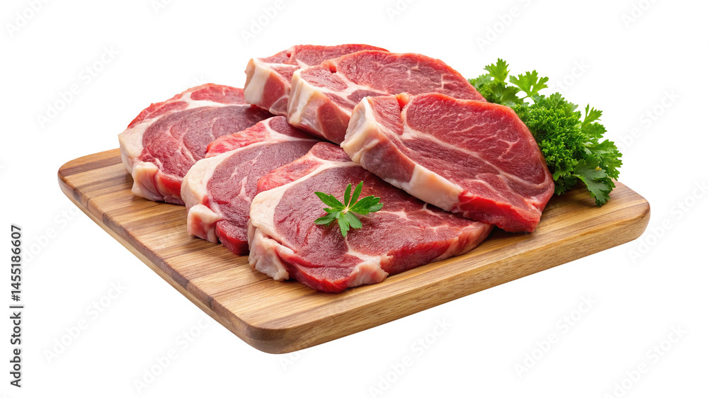 Raw Beef Steaks on Wooden Cutting Board with Fresh Parsley Garnish Delicious Red Meat Cuts Raw Beef Steaks on Wooden Cutting Board with Fresh Parsley Garnish Delicious Red Meat Cuts