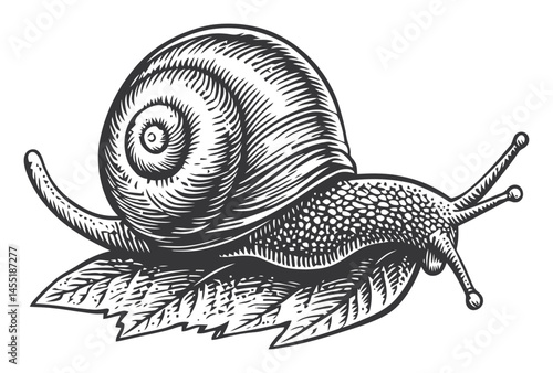 Vintage Style Illustration of a Snail on a Leaf in Black and White