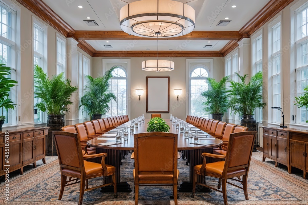 Fototapeta premium Spacious Bright Conference Room with Elegant Wood Furnishings and Lively Indoor Plants