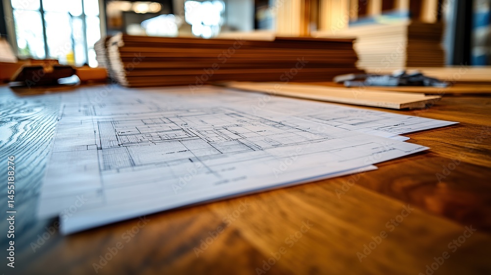 Architectural blueprints on a wooden table, with building materials in the background Architectural blueprints on a wooden table, with building materials in the background