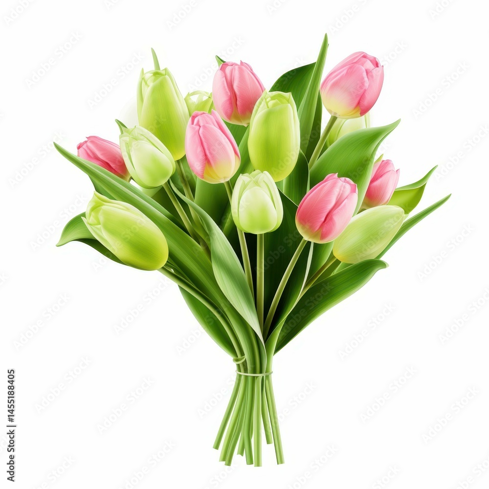 Fototapeta premium Add a touch of elegance to your space with this pastel tulip bouquet, featuring fresh green stems for a vibrant, soft look.