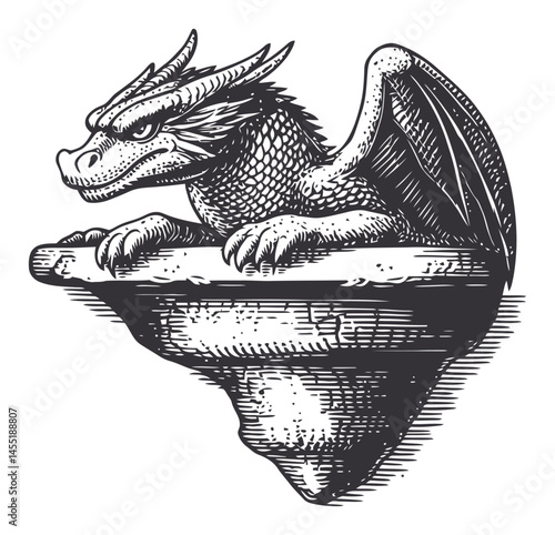 Detailed Illustration of a Fierce Dragon Perched on a Rocky Cliff