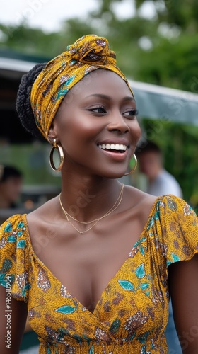 Beautiful young adult smiles, wearing traditional head wrap and floral dress outdoors.